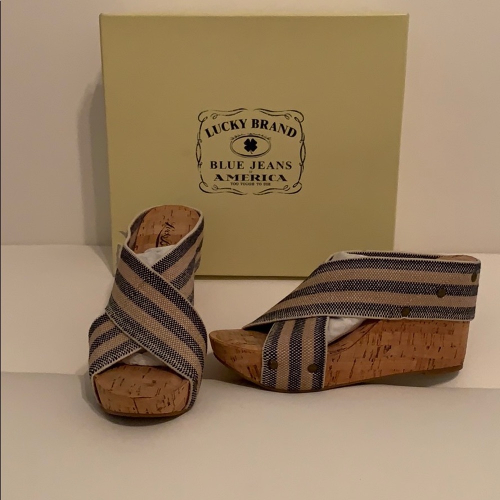 Lucky brand studded stretch canvas and cork wedge